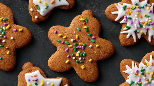 Festive gingerbread cookies close-up with icing and colorful sprinkles for holiday baking inspiration - Powered by Adobe