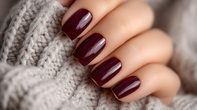 Close-up showcases a hand with glossy, wine-colored square nails, nestled against a soft, knitted sweater, capturing a moment of cozy style.