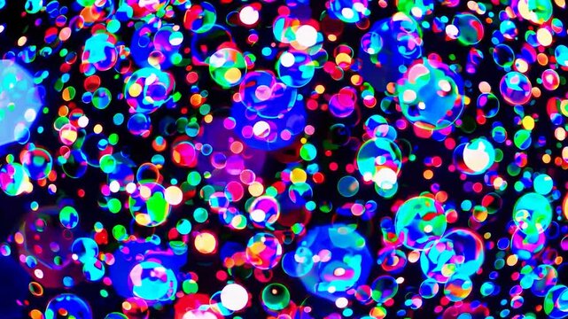 Luminous and vibrant multicolored bubbles floating and shimmering against a dark background, creating a dynamic, celebratory, and abstract visual effect for parties and festive occasions