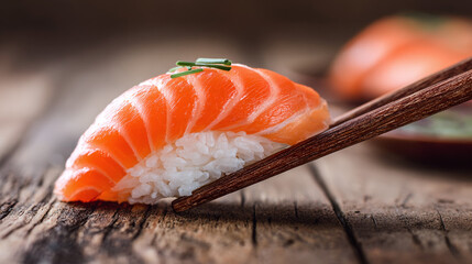 A tantalizing salmon nigiri sushi piece delicately grasped by wooden chopsticks, showcasing Japanese cuisine. Fresh fish, rice, and rustic charm.