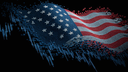 Abstracted representation of the American flag, made of red, white, and blue cubes, set against a black background and financial data.