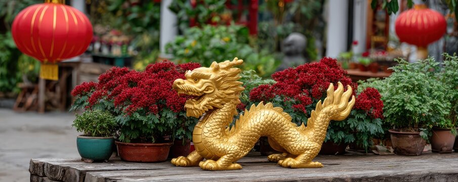 Golden dragon and red peony flowers for chinese new year decorations