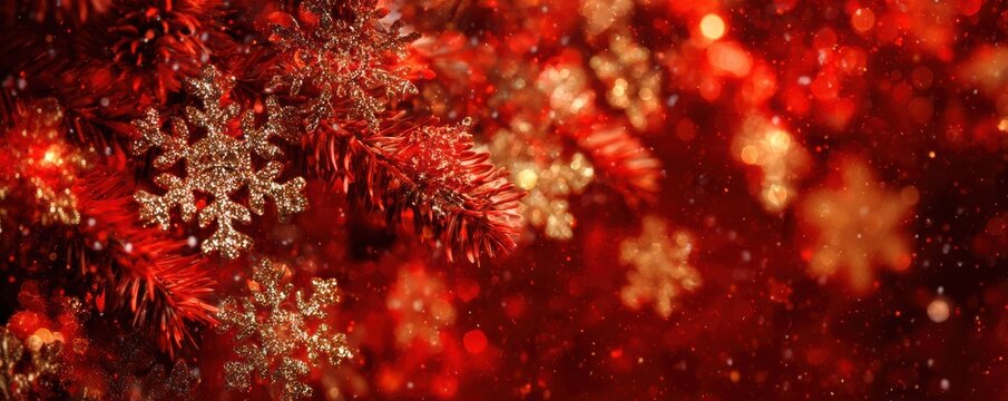 Festive red background with golden snowflakes and pine branches for christmas decor - Powered by Adobe