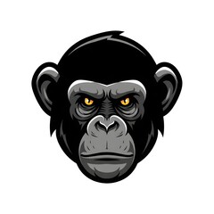  Close-up of a monkey head featuring bright yellow eyes on a white backdrop.