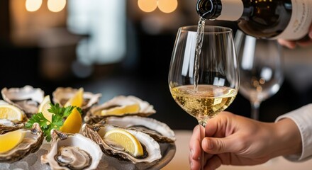 A plate of fresh oysters garnished with lemon slices. A hand pours white wine into a glass. The setting is elegant with soft lighting.