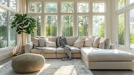 Sunlit sunroom with comfortable sectional sofa and large windows
