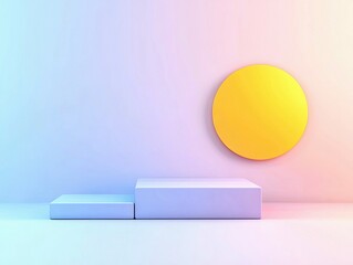 A minimalist scene featuring two rectangular pedestals and a large yellow circle against a gradient background of blue and pink, suggesting a clean, modern disp