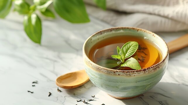 Refreshing herbal tea with fresh mint and lemon in a rustic ceramic cup
