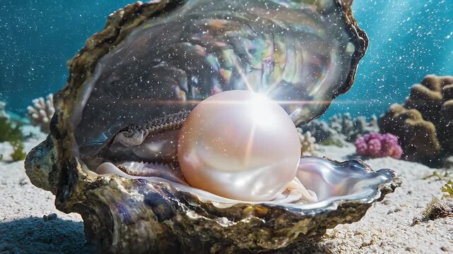 Underwater scene showcasing a variety of colorful corals and a large shell resting on the sandy ocean floor with sunlight filtering through the water surface
