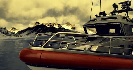 A rescue boat glides across a tranquil sea, surrounded by majestic snow capped mountains. The bright sun highlights the beauty of the icy landscape, showcasing natures splendor.