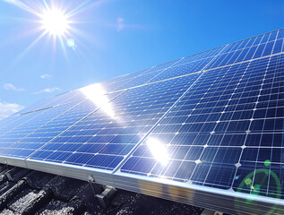 Rooftop solar panels glistening under the bright sun, a symbol of clean renewable energy and sustainable technology