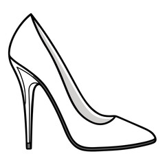 A minimalist, black and white line drawing of a classic pointed-toe high heel shoe with a slender stiletto heel.