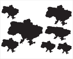 Silhouettes of Ukraine country map in various sizes and orientations on white