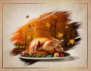 A delicious roasted turkey centerpiece for a holiday meal, set against a painterly and artistic autumn forest background with falling leaves