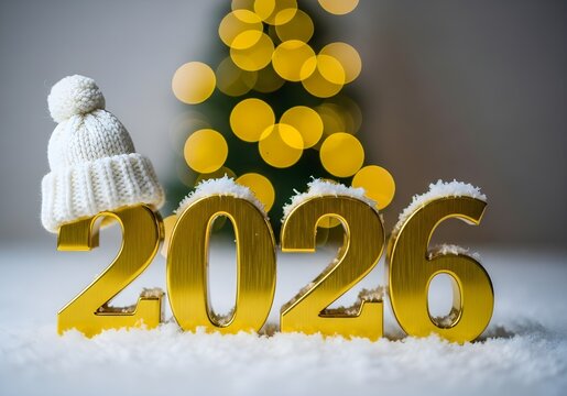 Golden numbers 2026 with a small knitted winter hat on snow, celebrating the new year with a Christmas tree background