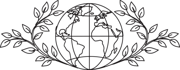 Minimalist earth globe encircled by branches with leaves, black and white vector illustration, nature-inspired design