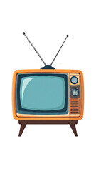 Vintage orange television set with antennas and wooden legs.