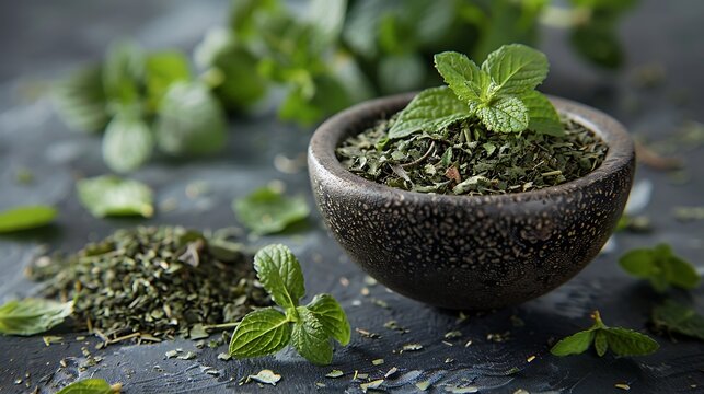 Dried mint leaves in a rustic bowl with fresh mint sprigs