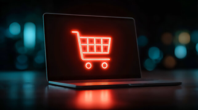 A glowing red neon shopping cart icon on a laptop screen in a dark environment. Symbol of online shopping, e-commerce, digital retail, and modern technology with a futuristic atmosphere.