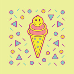 Smile ice cream cone with colorful geometric 80s Memphis style pattern