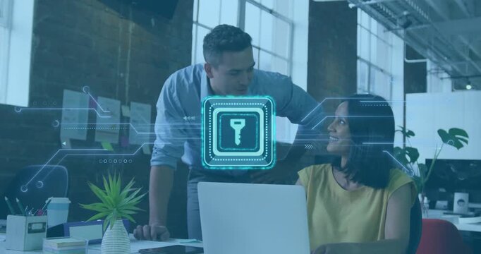 As coworkers leaning over laptop, animated lock HUD appearing, guiding security review and workflow
