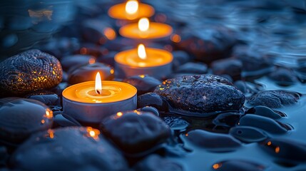 Row of glowing candles on dark stones by the water at dusk