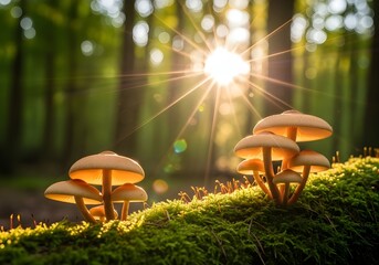 Sunlight filters through a lush green forest, illuminating a cluster of mushrooms growing on a moss-covered log in the morning light
