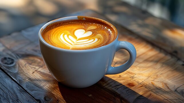 Close up of a warm cup of coffee with latte art heart on a rustic wooden table - Powered by Adobe