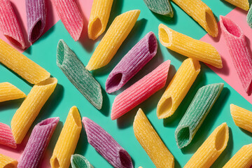 Colorful Penne Pasta on Bright Geometric Background – Modern Food Pattern