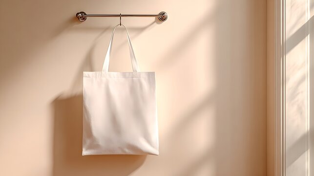 A white tote bag hanging on a silver towel rack against a beige wall with sunlight shadows present