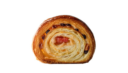 Fototapeta premium Artisan Crafted Flaky Golden Croissant Pastry Sliced in Half Revealing Savory Ham and Melted Cheese Filling Layers Isolated on Transparent Background