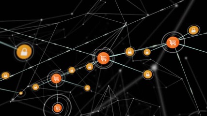 Glowing orange point forming cart icon, zooming out as carts linking locks showing secure commerce