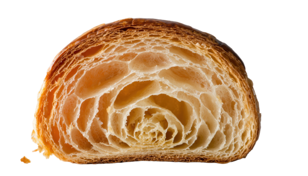 Artisan Bakery Croissant with Flaky Golden Brown Layers Soft Buttery Crumb Closeup Isolated on Transparent Background