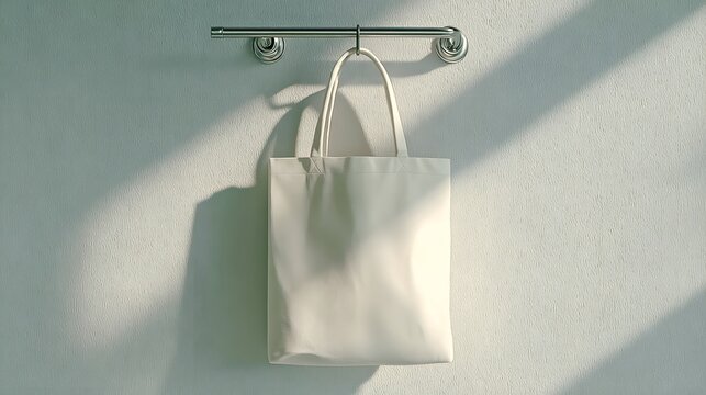 A white tote bag hanging from a metal towel rack against a textured white wall with soft shadows cast