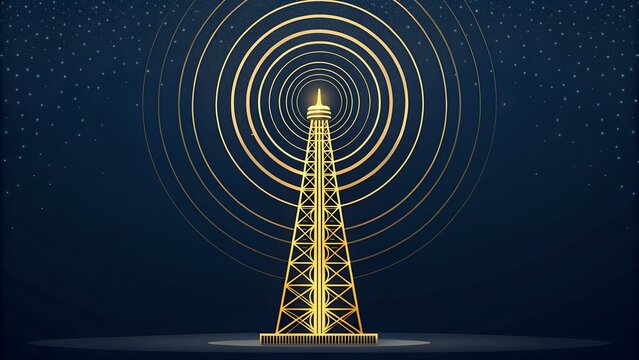Stunning gold tower broadcasting signal in starry night for modern communication needs