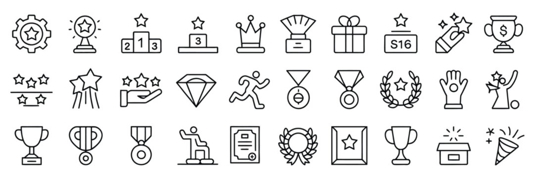 Reward web icon collection in linear style, including trophy, medal, gift, recognition, bonus and reward program elements, editable stroke, clean vector graphics for websites, apps, and user interface