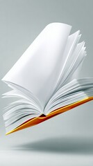 Obraz premium An open book with blank white pages is floating in the air against a soft gray background. The pages are fanned out, with some pages appearing to be in motion.