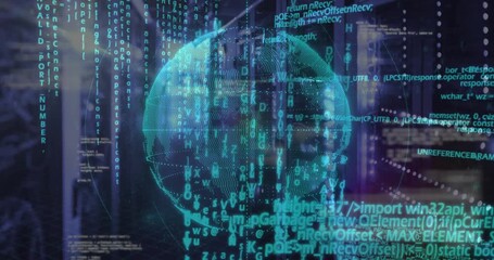 On boot teal wireframe globe appearing, rotating, code streaming around racks, visualizing network - Powered by Adobe