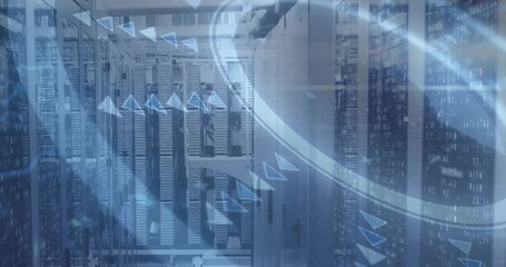 Camera centering server racks revealing globe entering right arrows appearing diagonal mapping flow - Powered by Adobe