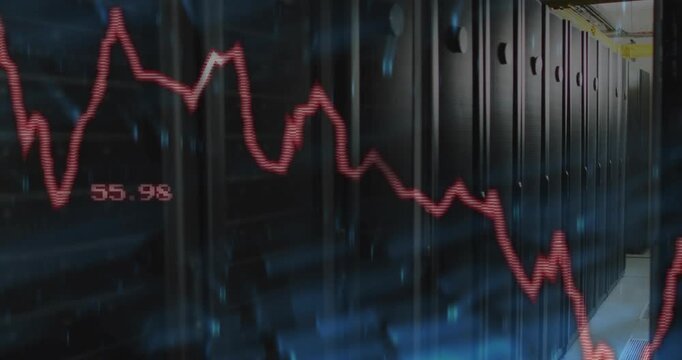 Red fluctuating trace animating over server racks, callouts updating with incoming feed starting