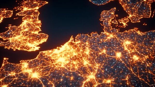 Night view of glowing city lights across a densely populated continent, symbolizing global connectivity, urban sprawl, and technology.