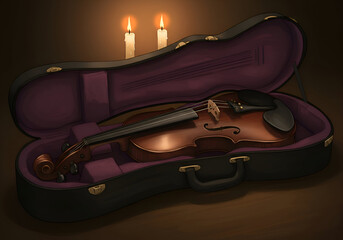 Obraz premium Violin resting in its case with two lit candles in a dimly lit room. A classical musical instrument in a case in a warm, evocative setting.