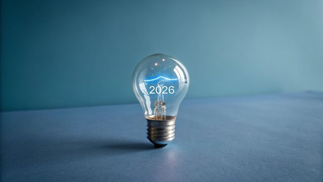 Neon 2026 Lightbulb Innovation Concept on Blue Background - 6