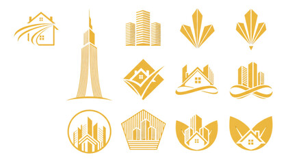 Golden Real Estate Logos House Skyline Icons for Property Development and Luxury Branding