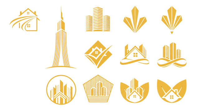 Golden Real Estate Logos House Skyline Icons for Property Development and Luxury Branding