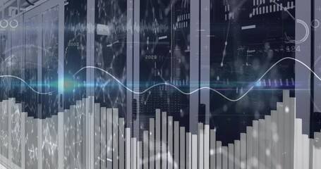 Incoming data stream starting, server racks showing rising bars, sliding waveform visualizing load