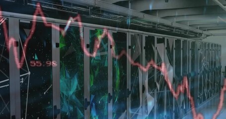 Server rack row showing translucent red waveform activating on data feed, visualizing metrics