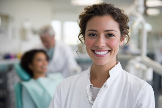 L&auml;chelnde Zahn&auml;rztin in moderner Zahnarztpraxis &ndash; professionelle Dentalmedizin