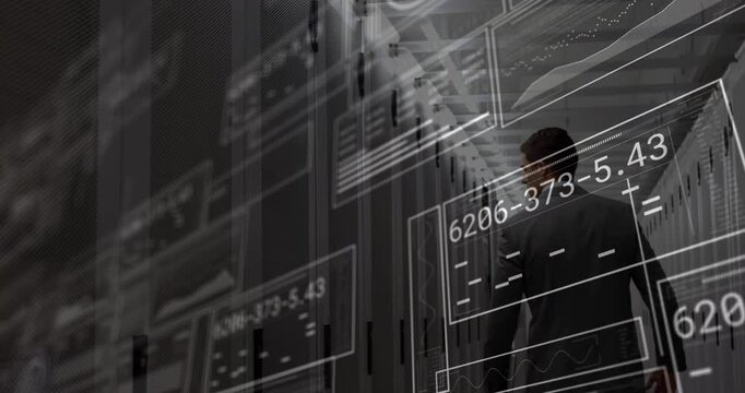 Entering data center aisle, IT admin walking, checking racks, HUD showing charts and readouts