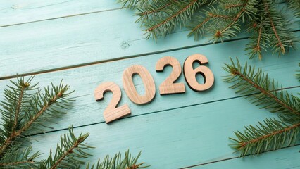 Wooden 2026 Numbers on Teal Rustic Background with Pine Needles - 3